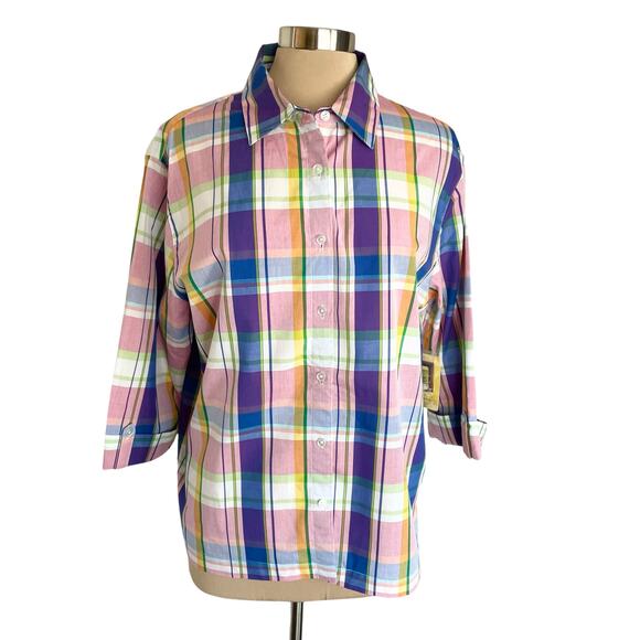 Bechamel Pink Blue Plaid Button Down Shirt Womens LG Cotton Casual Spring Work - Picture 1 of 6